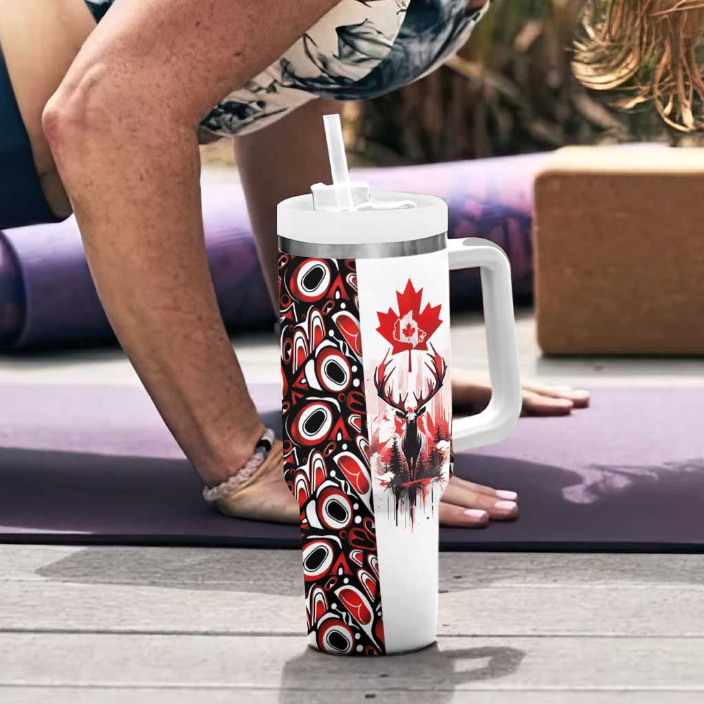 Canada Day Tumbler With Handle The Forest Moose and Maple Leaves-Haida Pattern