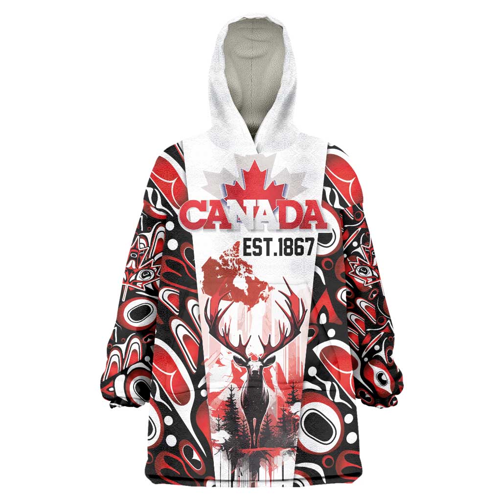 Canada Day Wearable Blanket Hoodie The Forest Moose and Maple Leaves-Haida Pattern