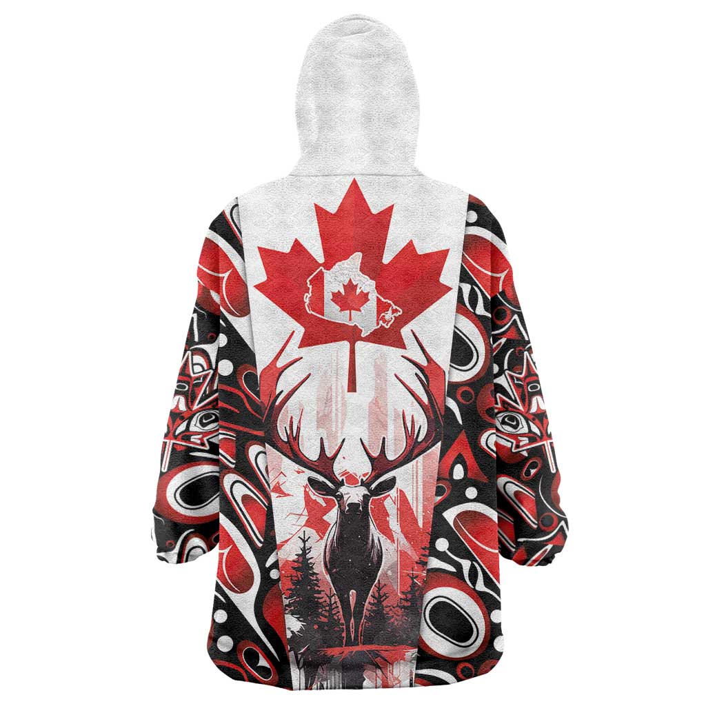 Canada Day Wearable Blanket Hoodie The Forest Moose and Maple Leaves-Haida Pattern