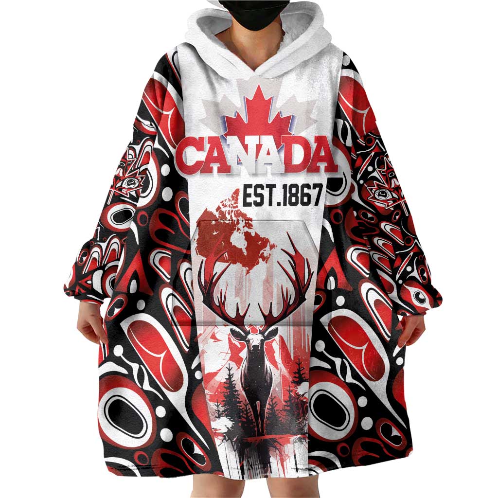 Canada Day Wearable Blanket Hoodie The Forest Moose and Maple Leaves-Haida Pattern