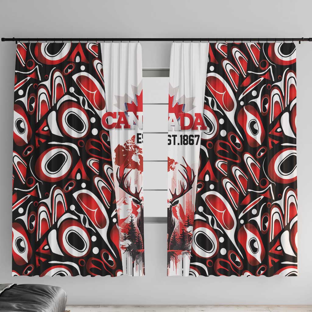 Canada Day Window Curtain The Forest Moose and Maple Leaves-Haida Pattern