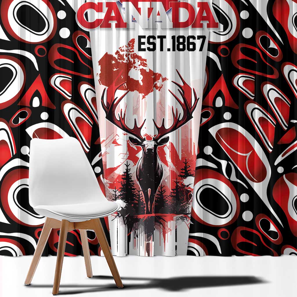 Canada Day Window Curtain The Forest Moose and Maple Leaves-Haida Pattern