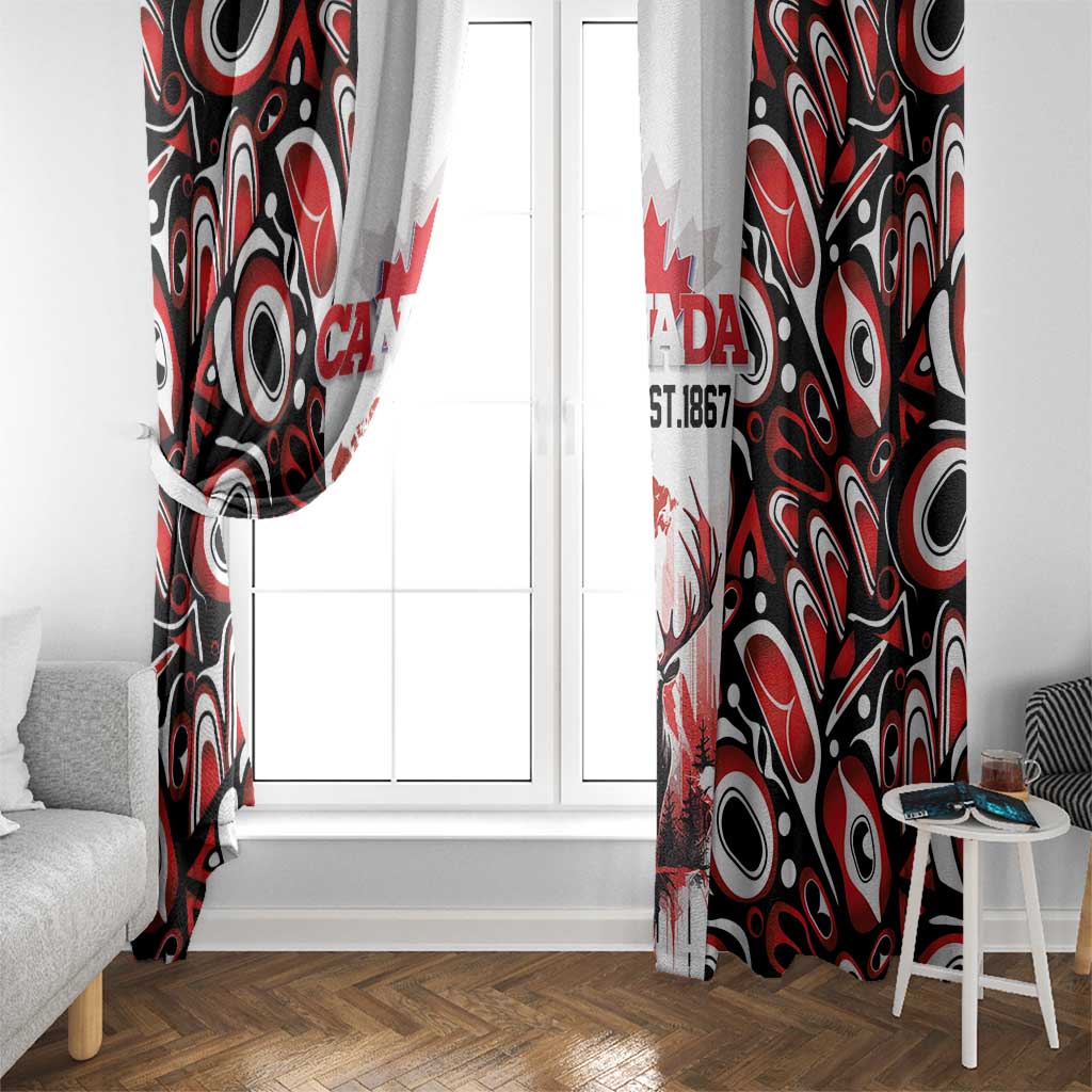 Canada Day Window Curtain The Forest Moose and Maple Leaves-Haida Pattern