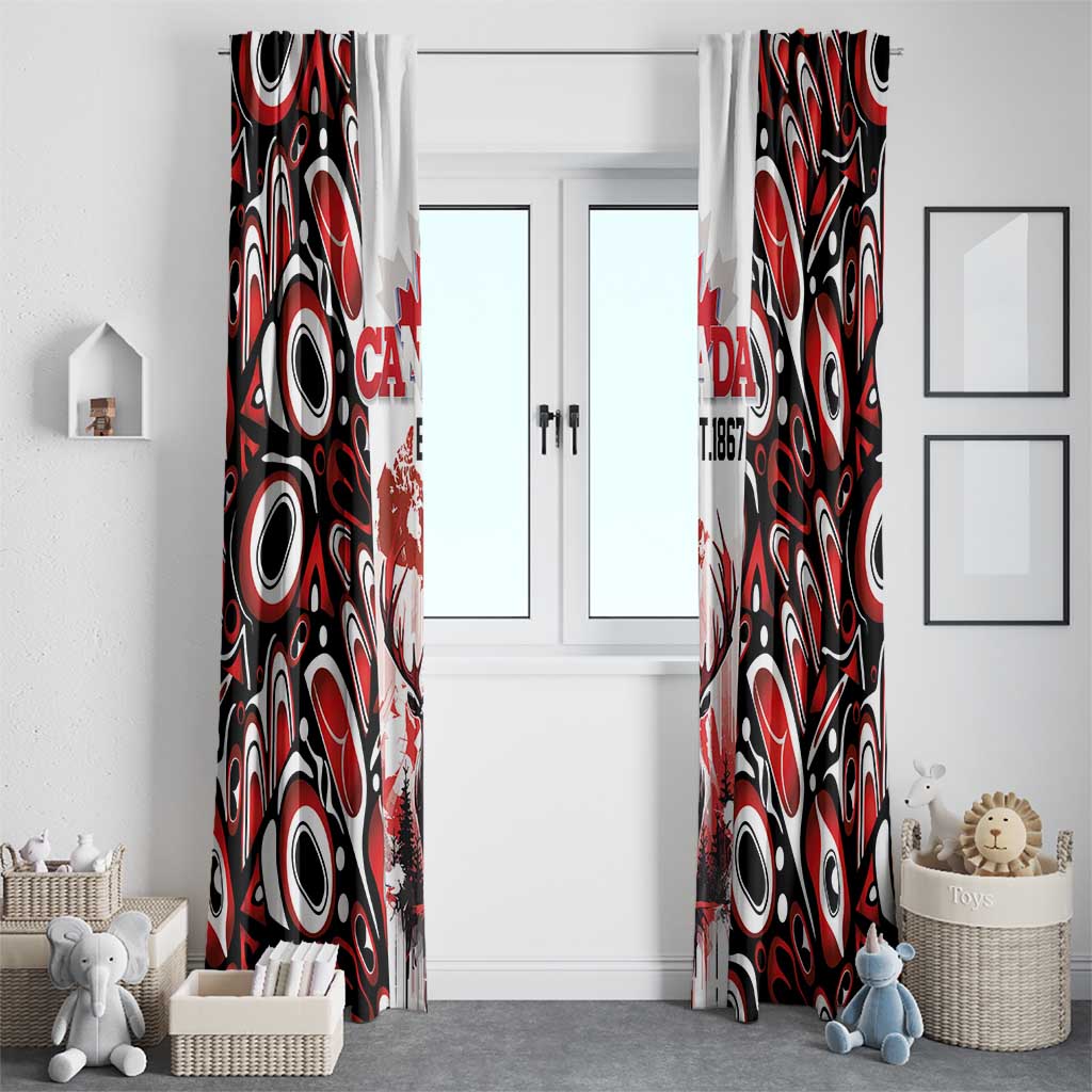 Canada Day Window Curtain The Forest Moose and Maple Leaves-Haida Pattern