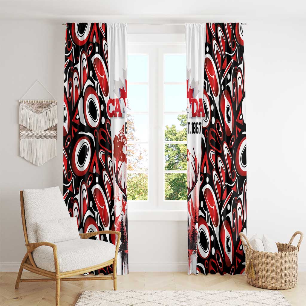 Canada Day Window Curtain The Forest Moose and Maple Leaves-Haida Pattern