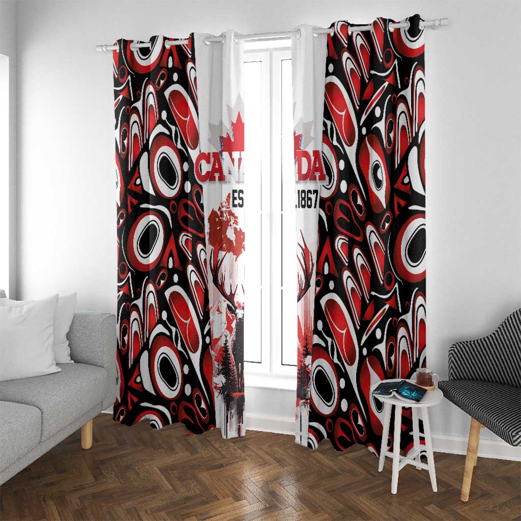 Canada Day Window Curtain The Forest Moose and Maple Leaves-Haida Pattern