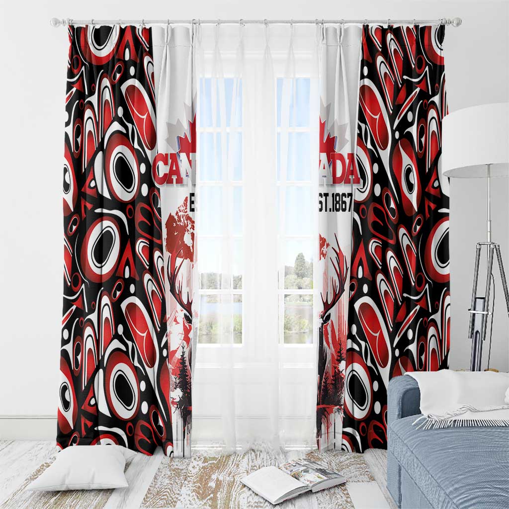 Canada Day Window Curtain The Forest Moose and Maple Leaves-Haida Pattern