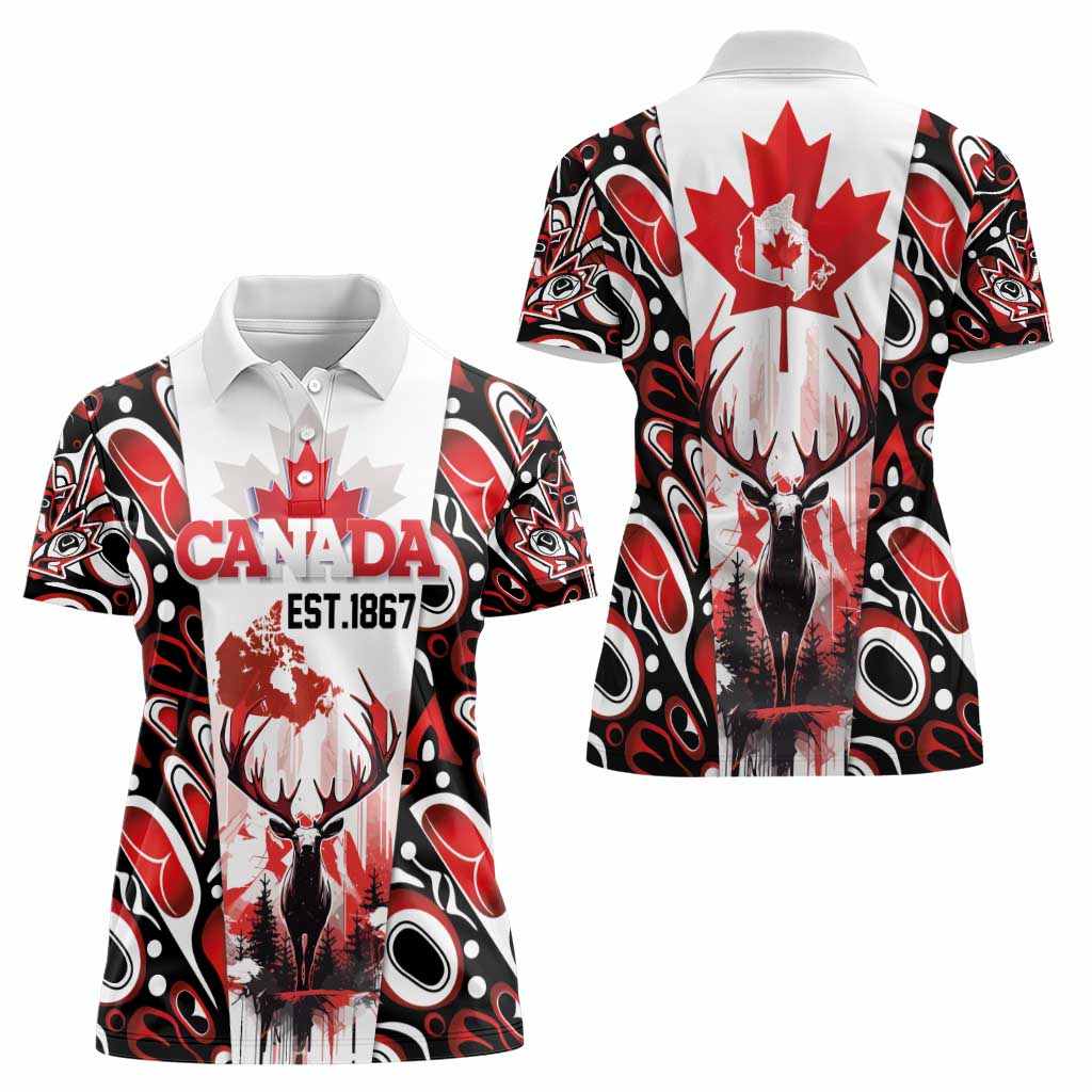Canada Day Women Polo Shirt The Forest Moose and Maple Leaves-Haida Pattern