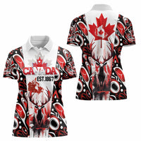 Canada Day Women Polo Shirt The Forest Moose and Maple Leaves-Haida Pattern