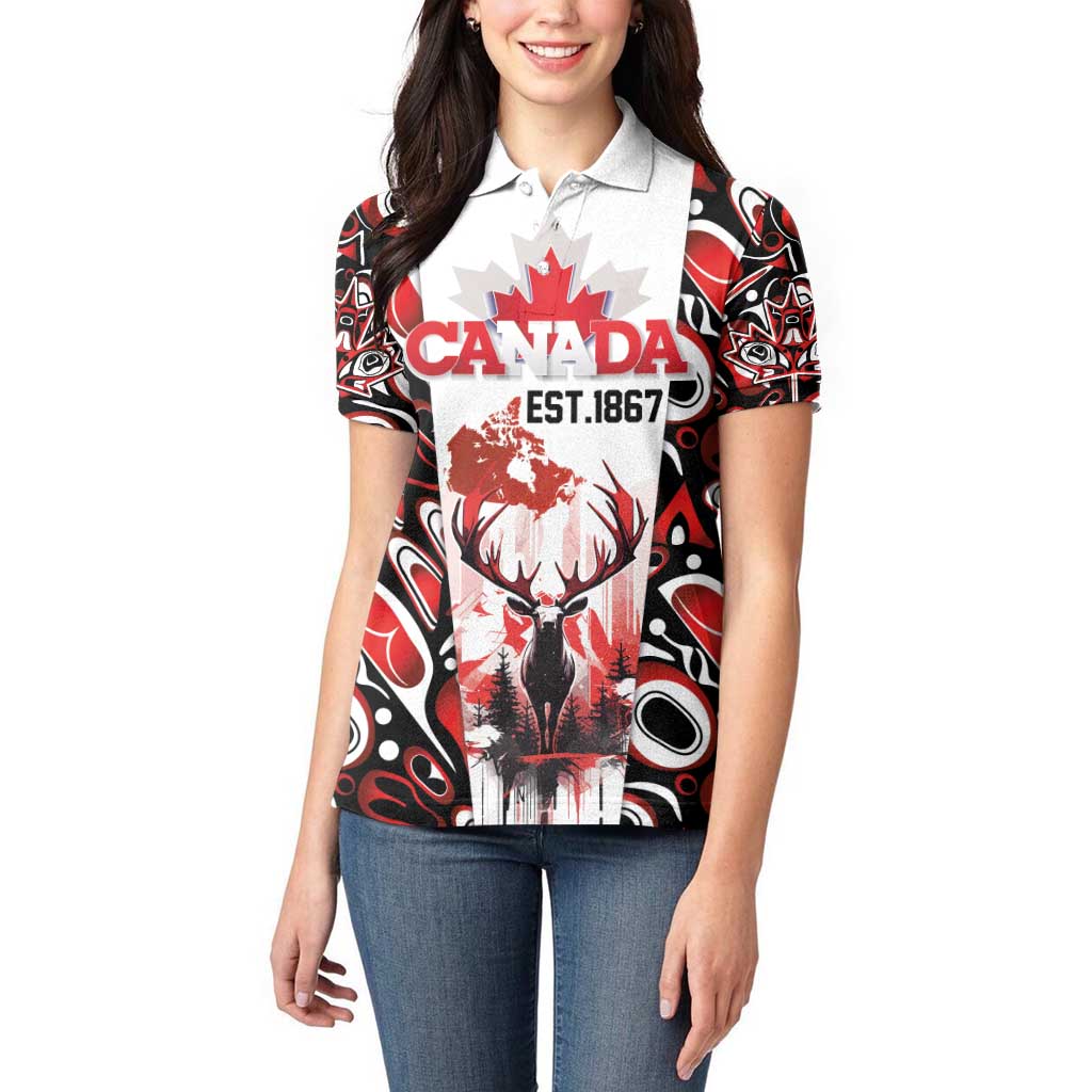 Canada Day Women Polo Shirt The Forest Moose and Maple Leaves-Haida Pattern