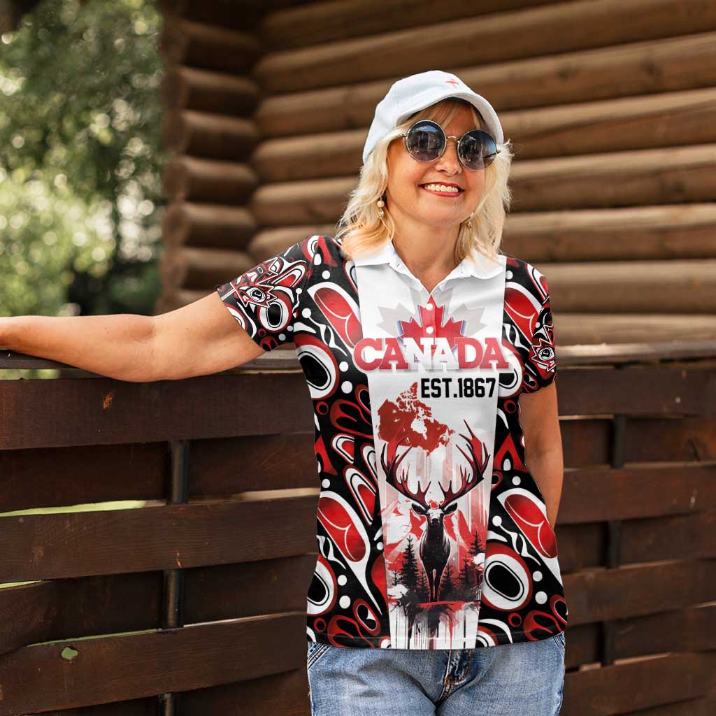 Canada Day Women Polo Shirt The Forest Moose and Maple Leaves-Haida Pattern