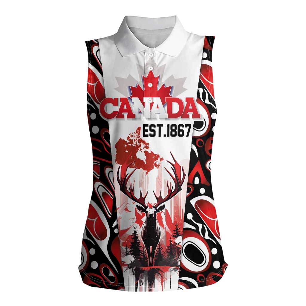 Canada Day Women Sleeveless Polo Shirt The Forest Moose and Maple Leaves-Haida Pattern