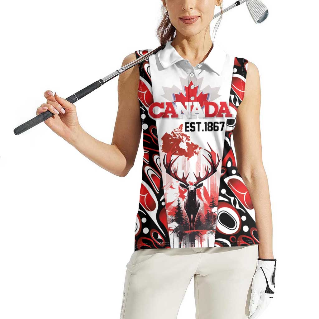 Canada Day Women Sleeveless Polo Shirt The Forest Moose and Maple Leaves-Haida Pattern