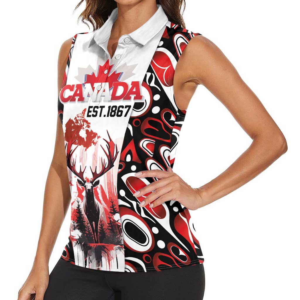 Canada Day Women Sleeveless Polo Shirt The Forest Moose and Maple Leaves-Haida Pattern