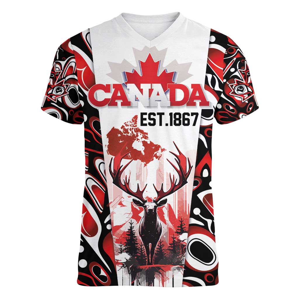 Canada Day Women V-Neck T-Shirt The Forest Moose and Maple Leaves-Haida Pattern