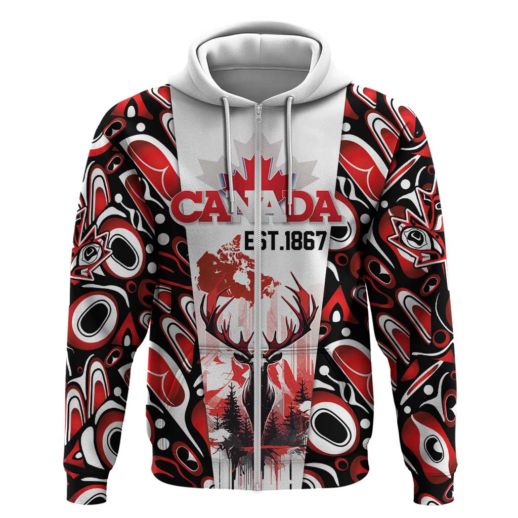 Canada Day Zip Hoodie The Forest Moose and Maple Leaves-Haida Pattern