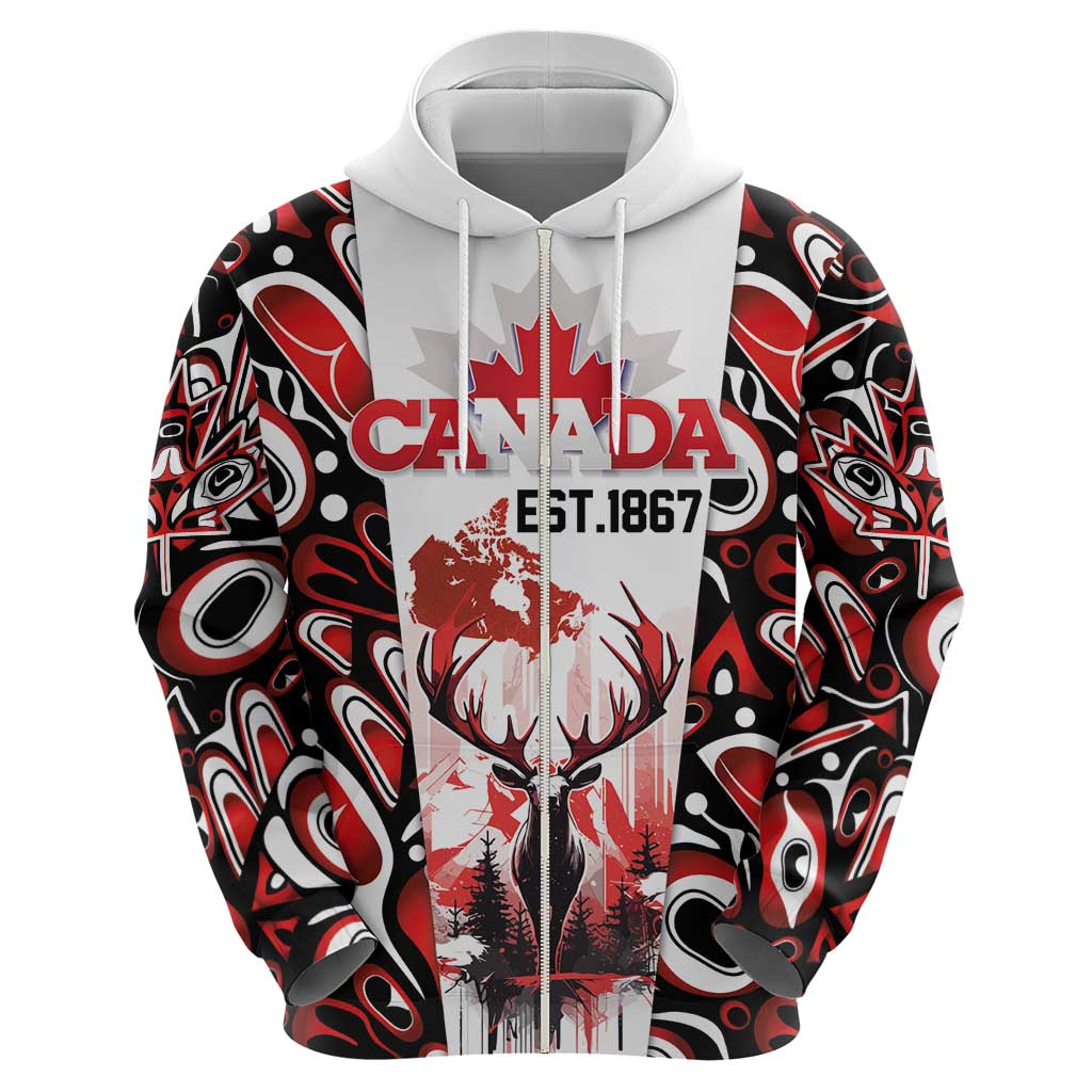 Canada Day Zip Hoodie The Forest Moose and Maple Leaves-Haida Pattern