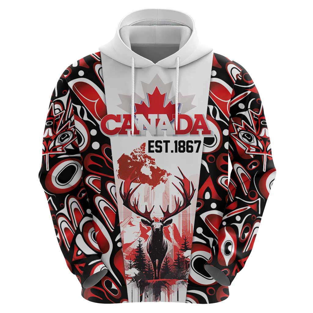 Canada Day Zip Hoodie The Forest Moose and Maple Leaves-Haida Pattern