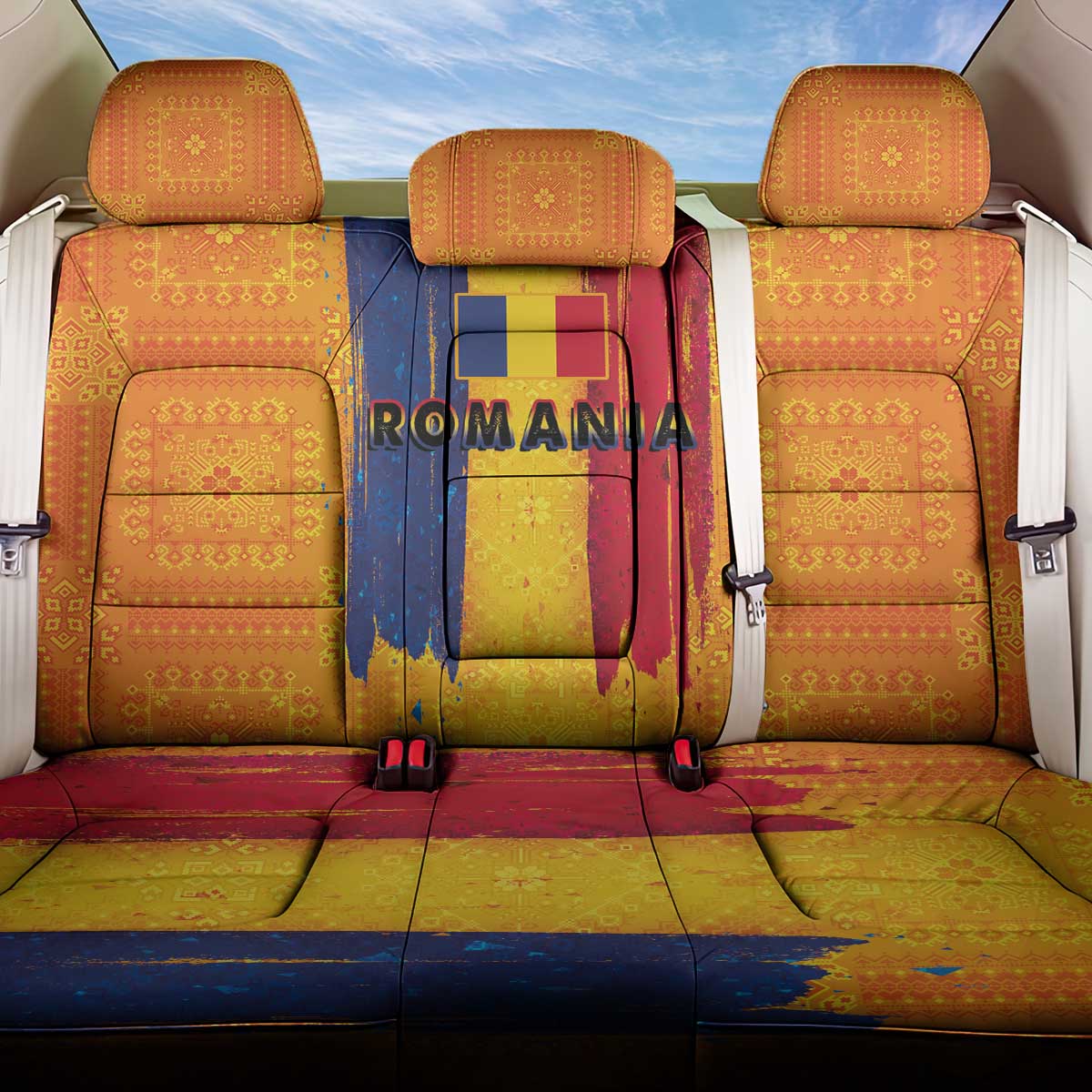 Personalized Romania Flag Day Back Car Seat Cover Traditional Pattern Royal Style