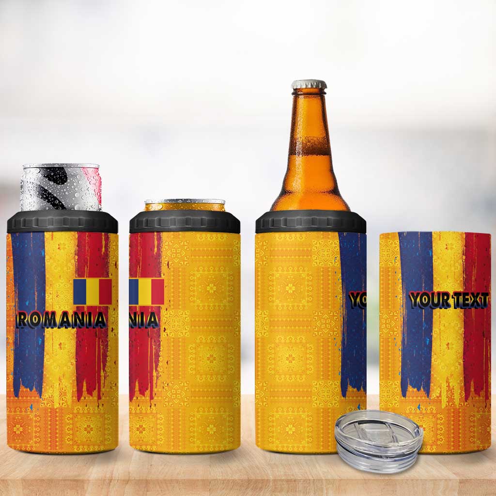 Personalized Romania Flag Day 4 in 1 Can Cooler Tumbler Traditional Pattern Royal Style