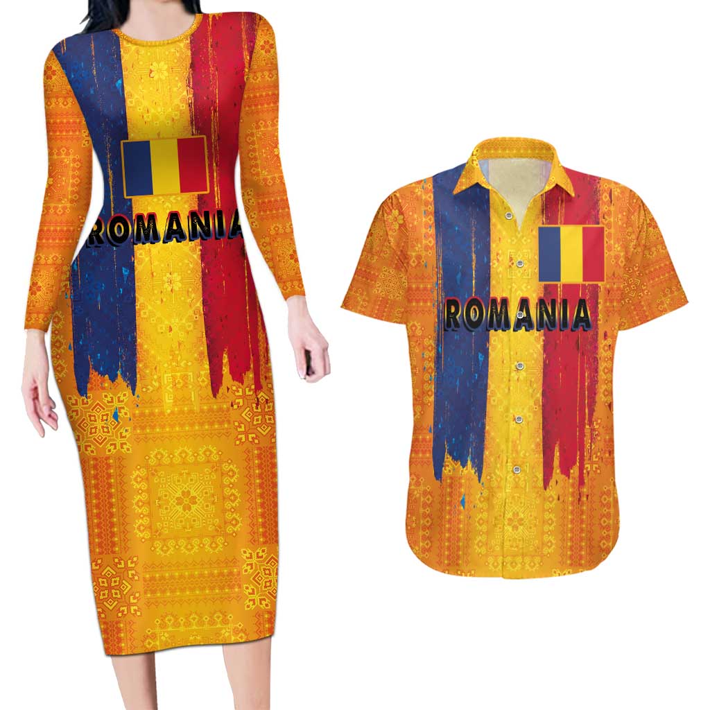 Personalized Romania Flag Day Couples Matching Long Sleeve Bodycon Dress and Hawaiian Shirt Traditional Pattern Royal Style