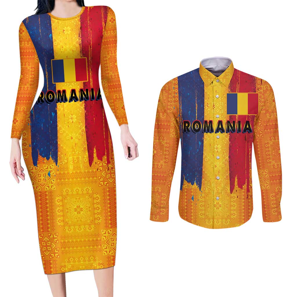 Personalized Romania Flag Day Couples Matching Long Sleeve Bodycon Dress and Long Sleeve Button Shirt Traditional Pattern Royal Style