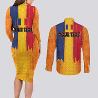 Personalized Romania Flag Day Couples Matching Long Sleeve Bodycon Dress and Long Sleeve Button Shirt Traditional Pattern Royal Style