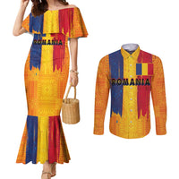 Personalized Romania Flag Day Couples Matching Mermaid Dress and Long Sleeve Button Shirt Traditional Pattern Royal Style