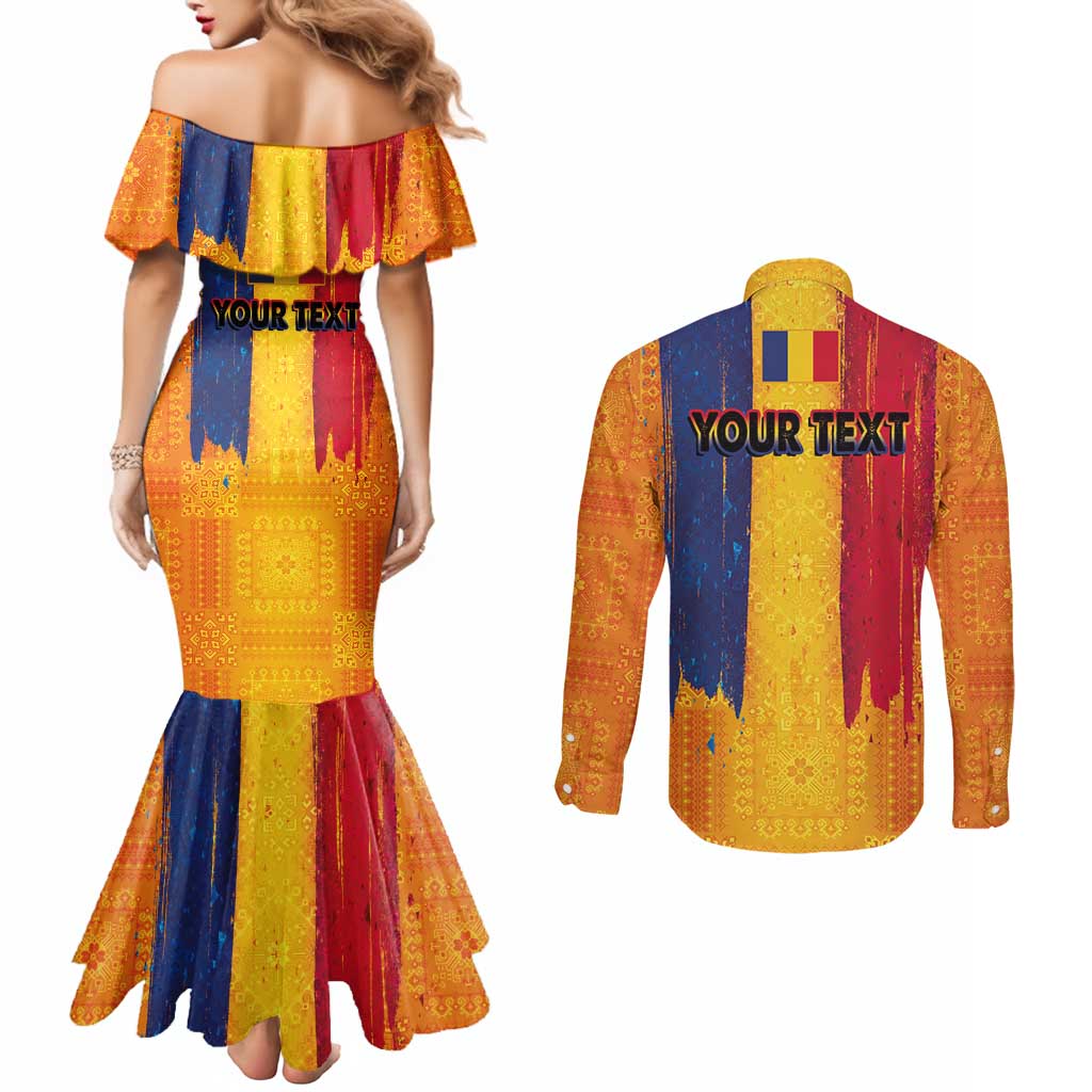 Personalized Romania Flag Day Couples Matching Mermaid Dress and Long Sleeve Button Shirt Traditional Pattern Royal Style