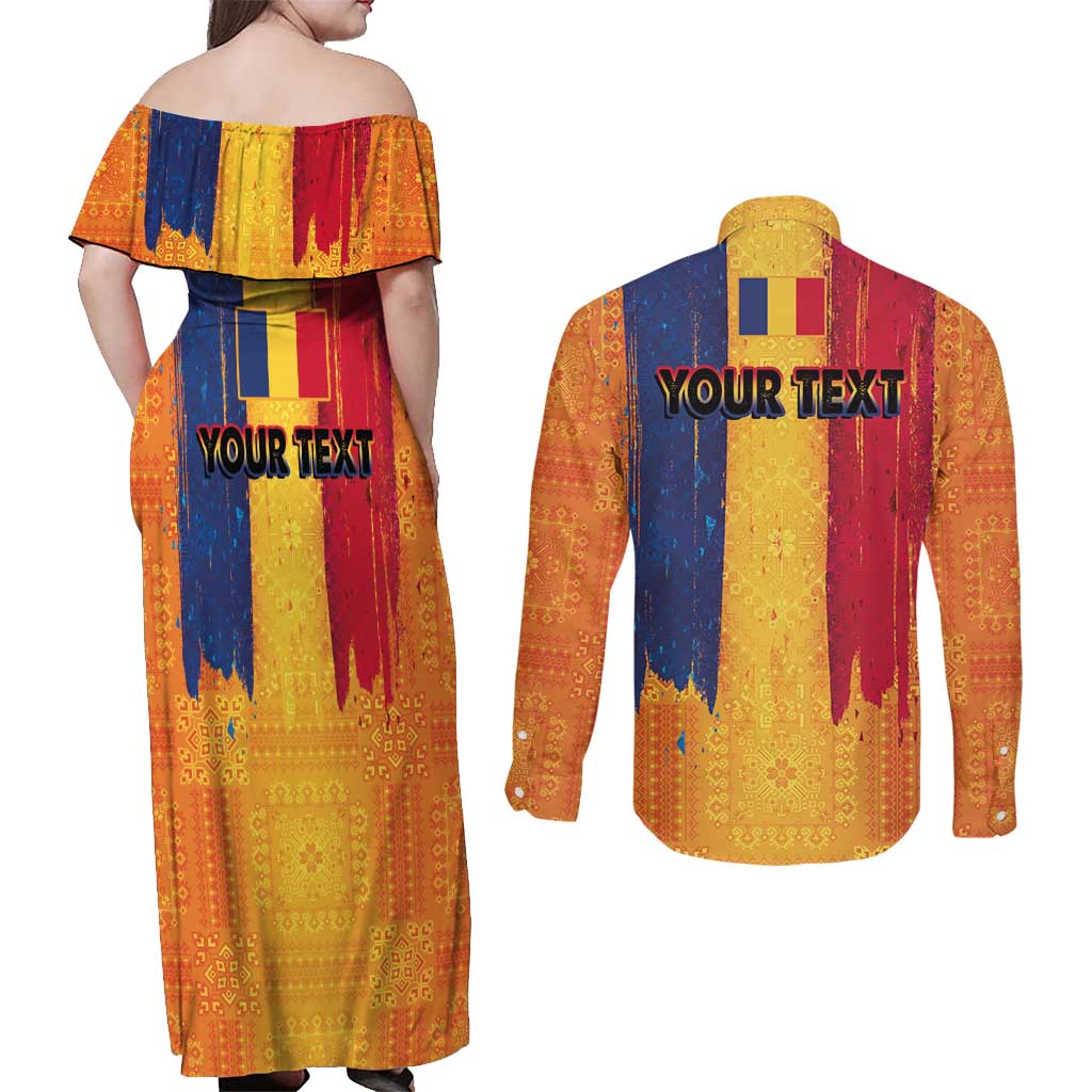 Personalized Romania Flag Day Couples Matching Off Shoulder Maxi Dress and Long Sleeve Button Shirt Traditional Pattern Royal Style