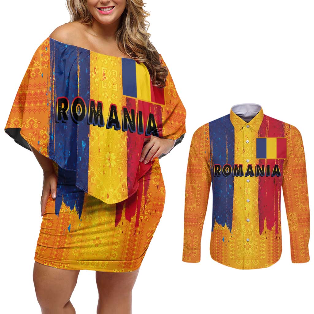 Personalized Romania Flag Day Couples Matching Off Shoulder Short Dress and Long Sleeve Button Shirt Traditional Pattern Royal Style