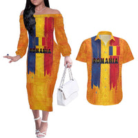 Personalized Romania Flag Day Couples Matching Off The Shoulder Long Sleeve Dress and Hawaiian Shirt Traditional Pattern Royal Style