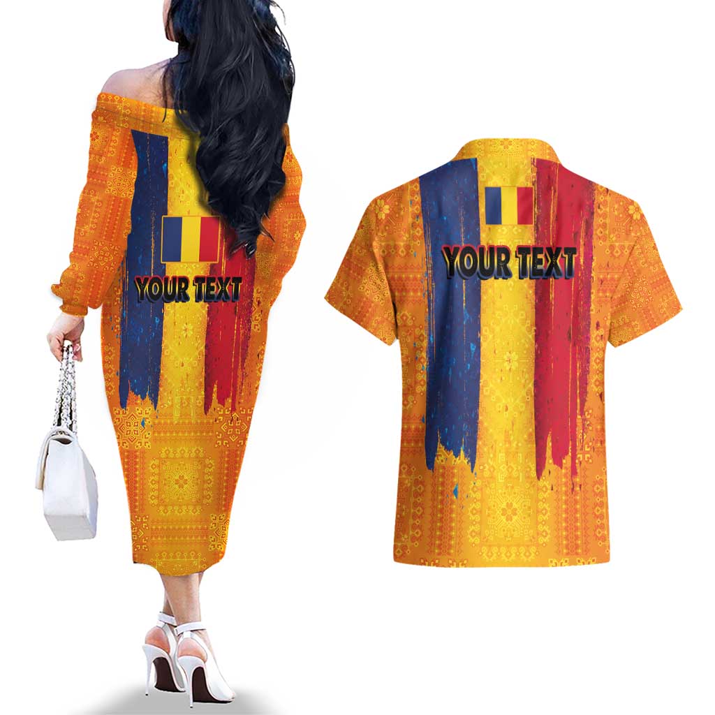 Personalized Romania Flag Day Couples Matching Off The Shoulder Long Sleeve Dress and Hawaiian Shirt Traditional Pattern Royal Style