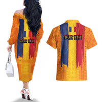 Personalized Romania Flag Day Couples Matching Off The Shoulder Long Sleeve Dress and Hawaiian Shirt Traditional Pattern Royal Style
