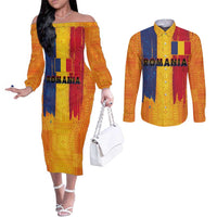 Personalized Romania Flag Day Couples Matching Off The Shoulder Long Sleeve Dress and Long Sleeve Button Shirt Traditional Pattern Royal Style