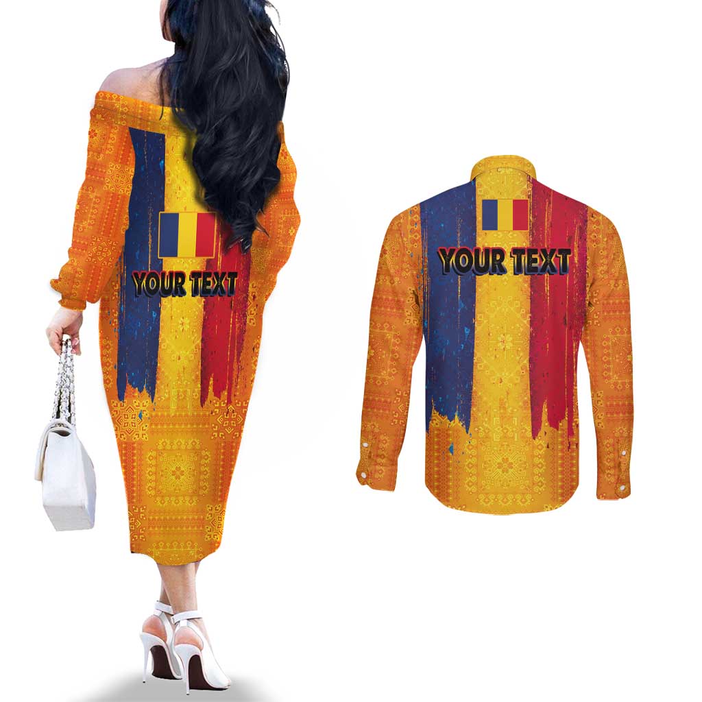 Personalized Romania Flag Day Couples Matching Off The Shoulder Long Sleeve Dress and Long Sleeve Button Shirt Traditional Pattern Royal Style