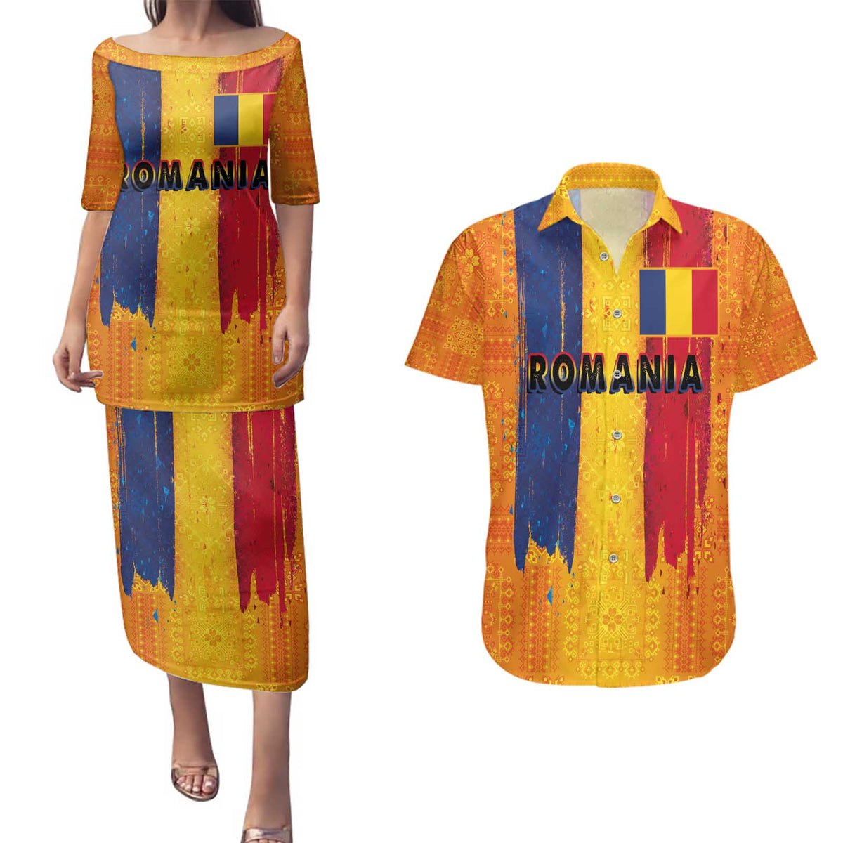 Personalized Romania Flag Day Couples Matching Puletasi and Hawaiian Shirt Traditional Pattern Royal Style