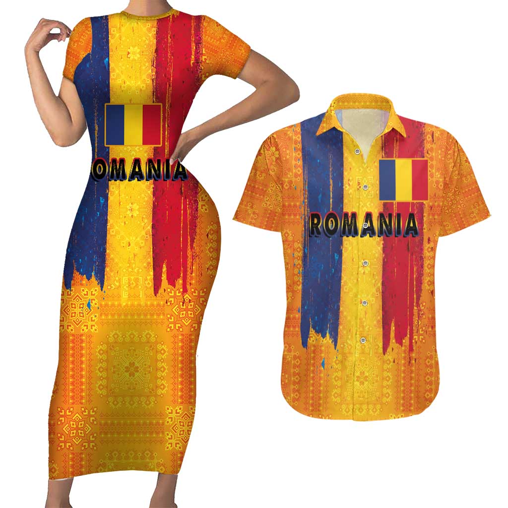 Personalized Romania Flag Day Couples Matching Short Sleeve Bodycon Dress and Hawaiian Shirt Traditional Pattern Royal Style