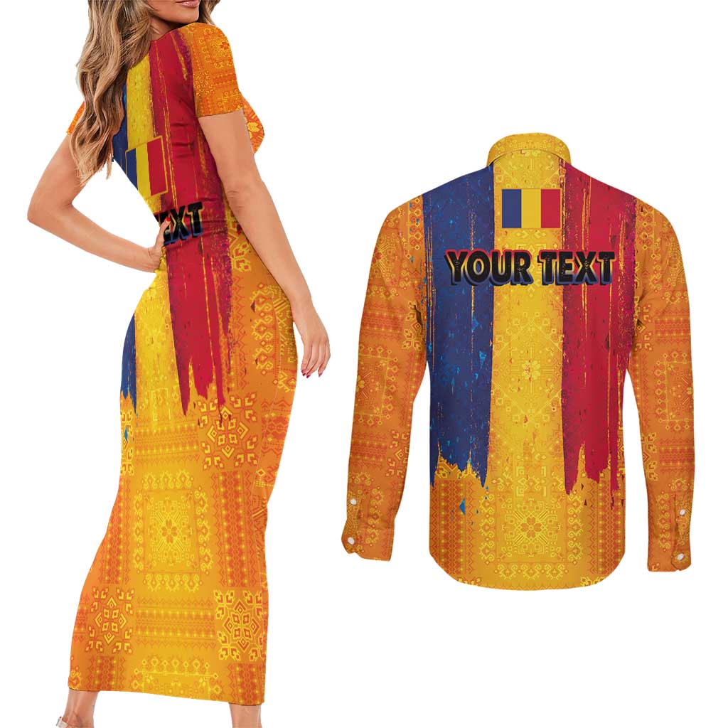 Personalized Romania Flag Day Couples Matching Short Sleeve Bodycon Dress and Long Sleeve Button Shirt Traditional Pattern Royal Style
