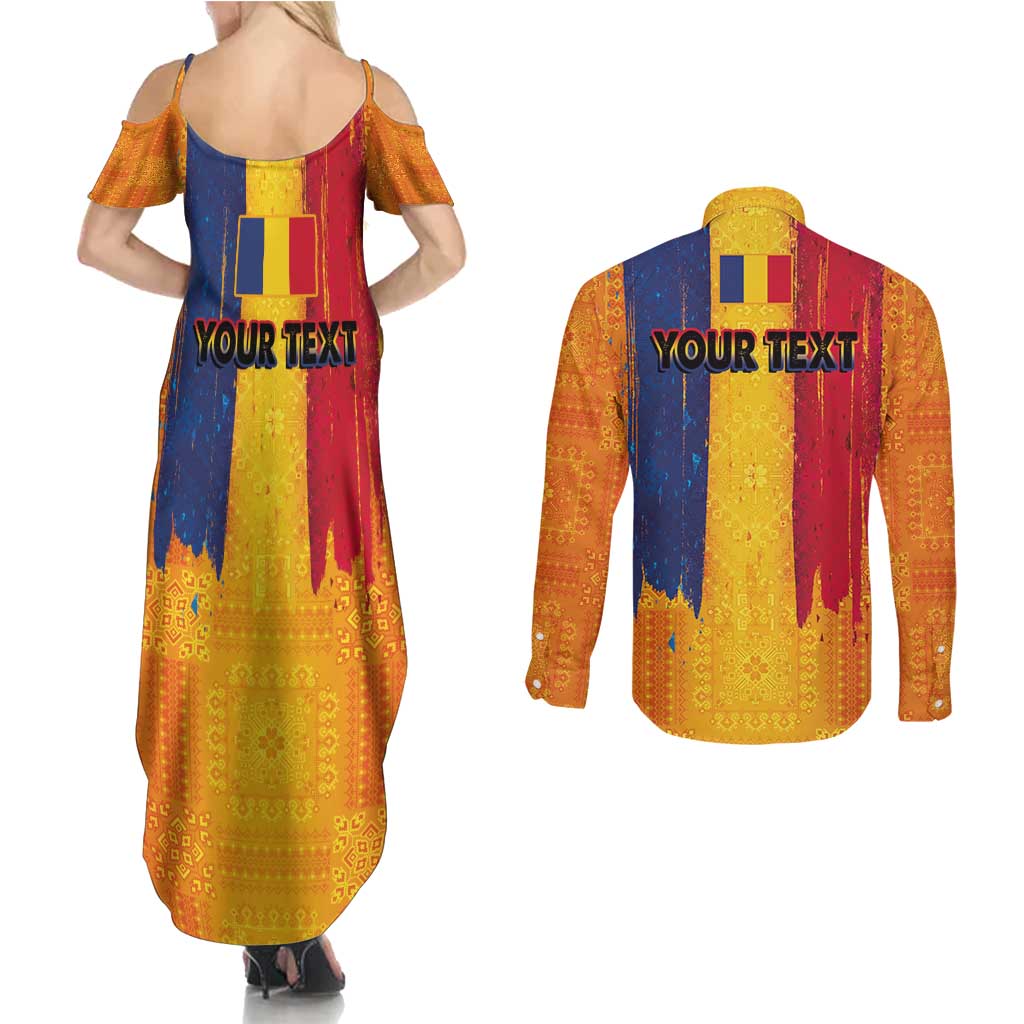Personalized Romania Flag Day Couples Matching Summer Maxi Dress and Long Sleeve Button Shirt Traditional Pattern Royal Style