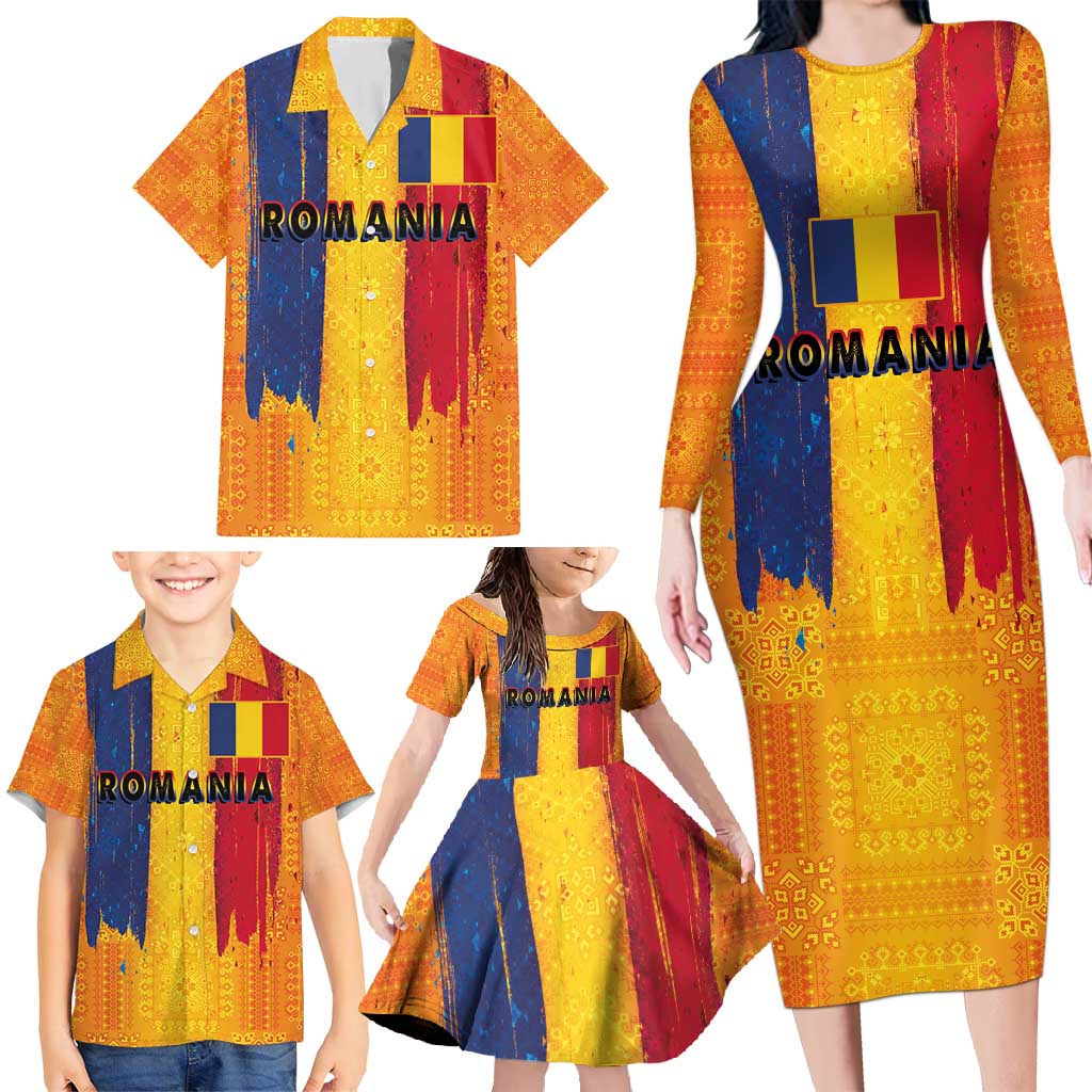 Personalized Romania Flag Day Family Matching Long Sleeve Bodycon Dress and Hawaiian Shirt Traditional Pattern Royal Style