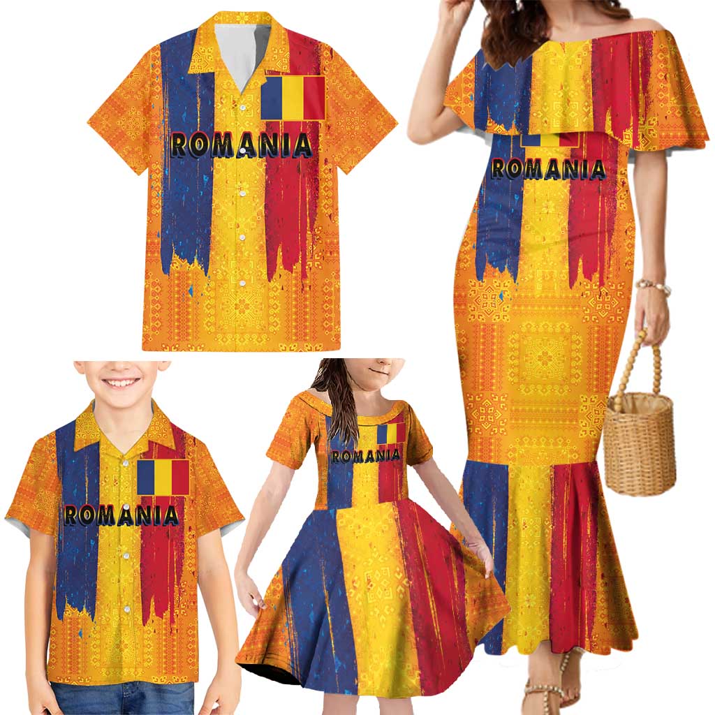 Personalized Romania Flag Day Family Matching Mermaid Dress and Hawaiian Shirt Traditional Pattern Royal Style