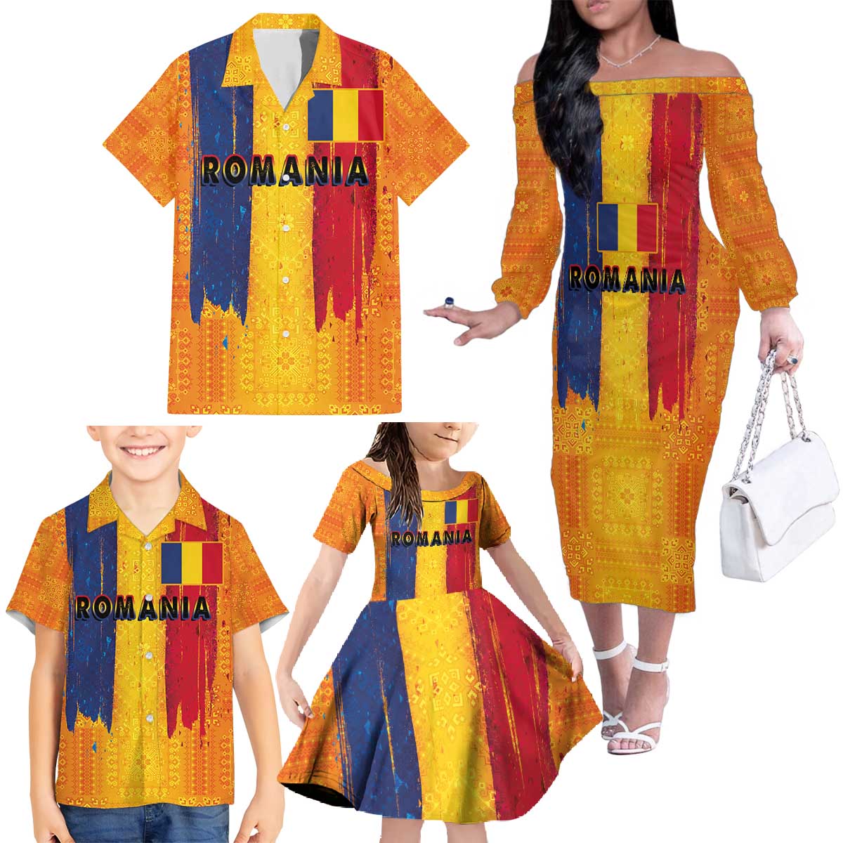 Personalized Romania Flag Day Family Matching Off The Shoulder Long Sleeve Dress and Hawaiian Shirt Traditional Pattern Royal Style