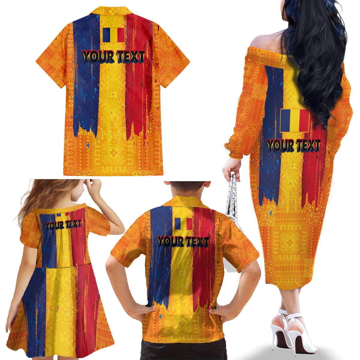 Personalized Romania Flag Day Family Matching Off The Shoulder Long Sleeve Dress and Hawaiian Shirt Traditional Pattern Royal Style