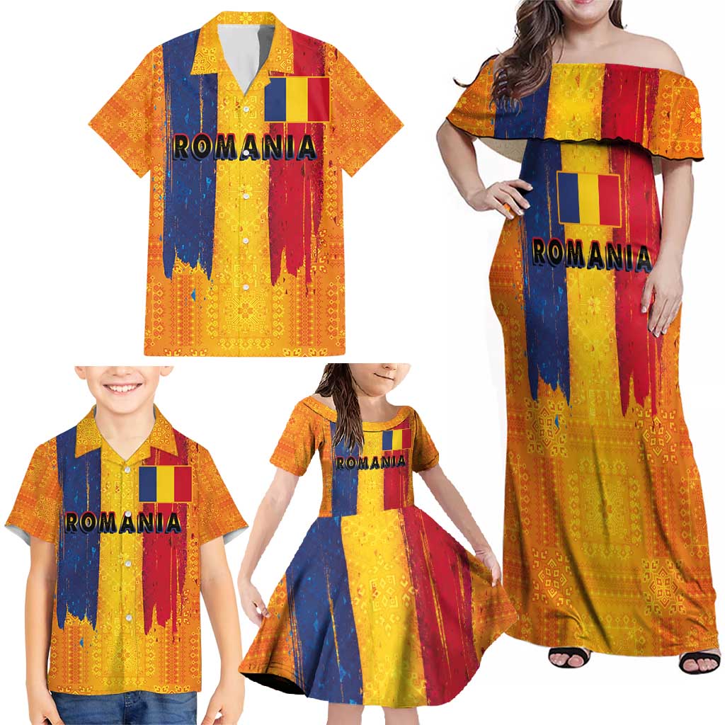 Personalized Romania Flag Day Family Matching Off Shoulder Maxi Dress and Hawaiian Shirt Traditional Pattern Royal Style