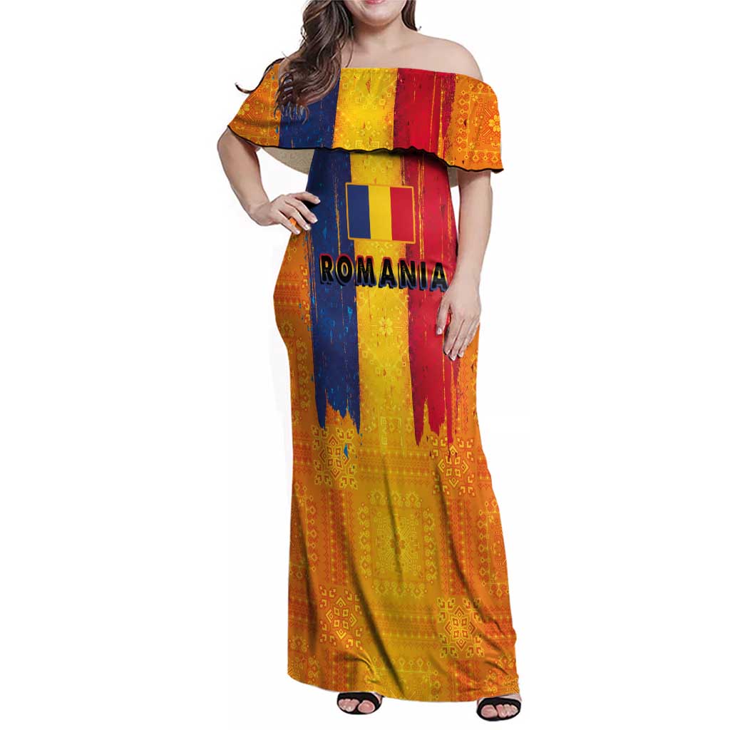 Personalized Romania Flag Day Family Matching Off Shoulder Maxi Dress and Hawaiian Shirt Traditional Pattern Royal Style