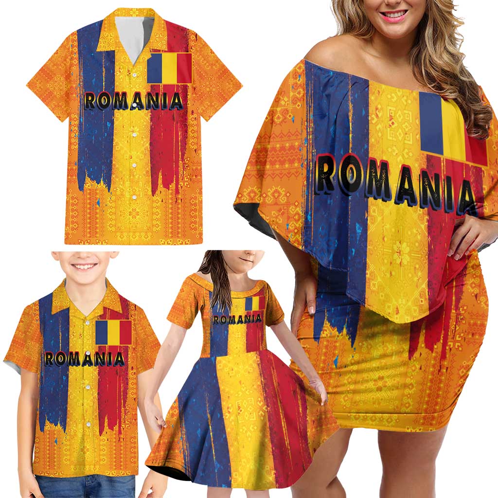 Personalized Romania Flag Day Family Matching Off Shoulder Short Dress and Hawaiian Shirt Traditional Pattern Royal Style