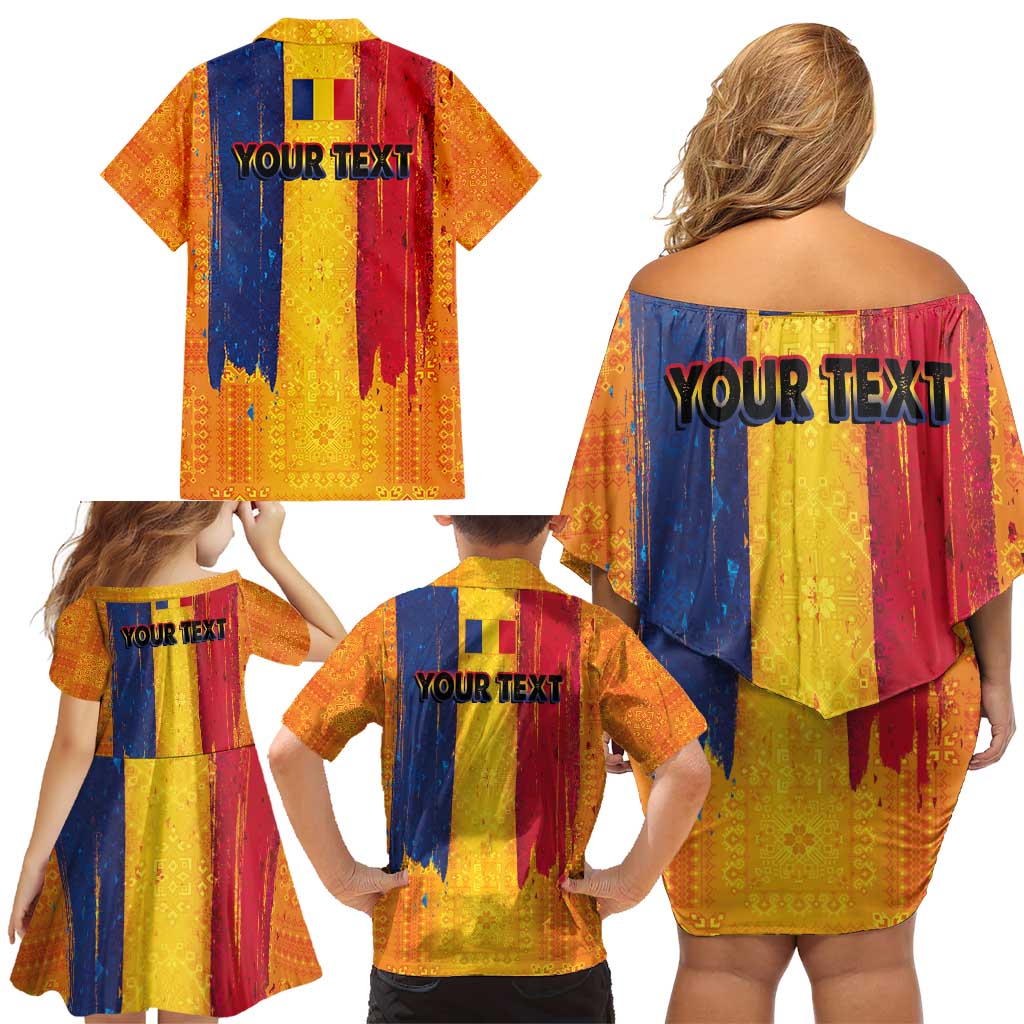 Personalized Romania Flag Day Family Matching Off Shoulder Short Dress and Hawaiian Shirt Traditional Pattern Royal Style