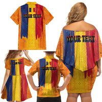Personalized Romania Flag Day Family Matching Off Shoulder Short Dress and Hawaiian Shirt Traditional Pattern Royal Style