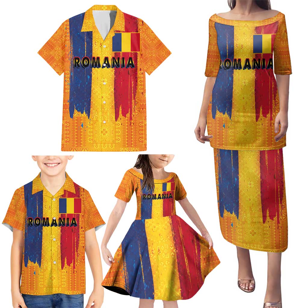 Personalized Romania Flag Day Family Matching Puletasi and Hawaiian Shirt Traditional Pattern Royal Style